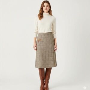 Vintage Harve Bernard Wool Plaid Midi Embroidered Brown Skirt Size 8